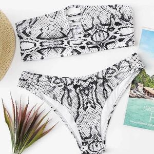 Snake Print Bandeau With High Leg Bikini Set